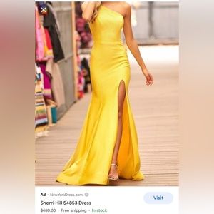 Sherri Hill one shoulder heat set stones mermaid skirt high slit in yellow
